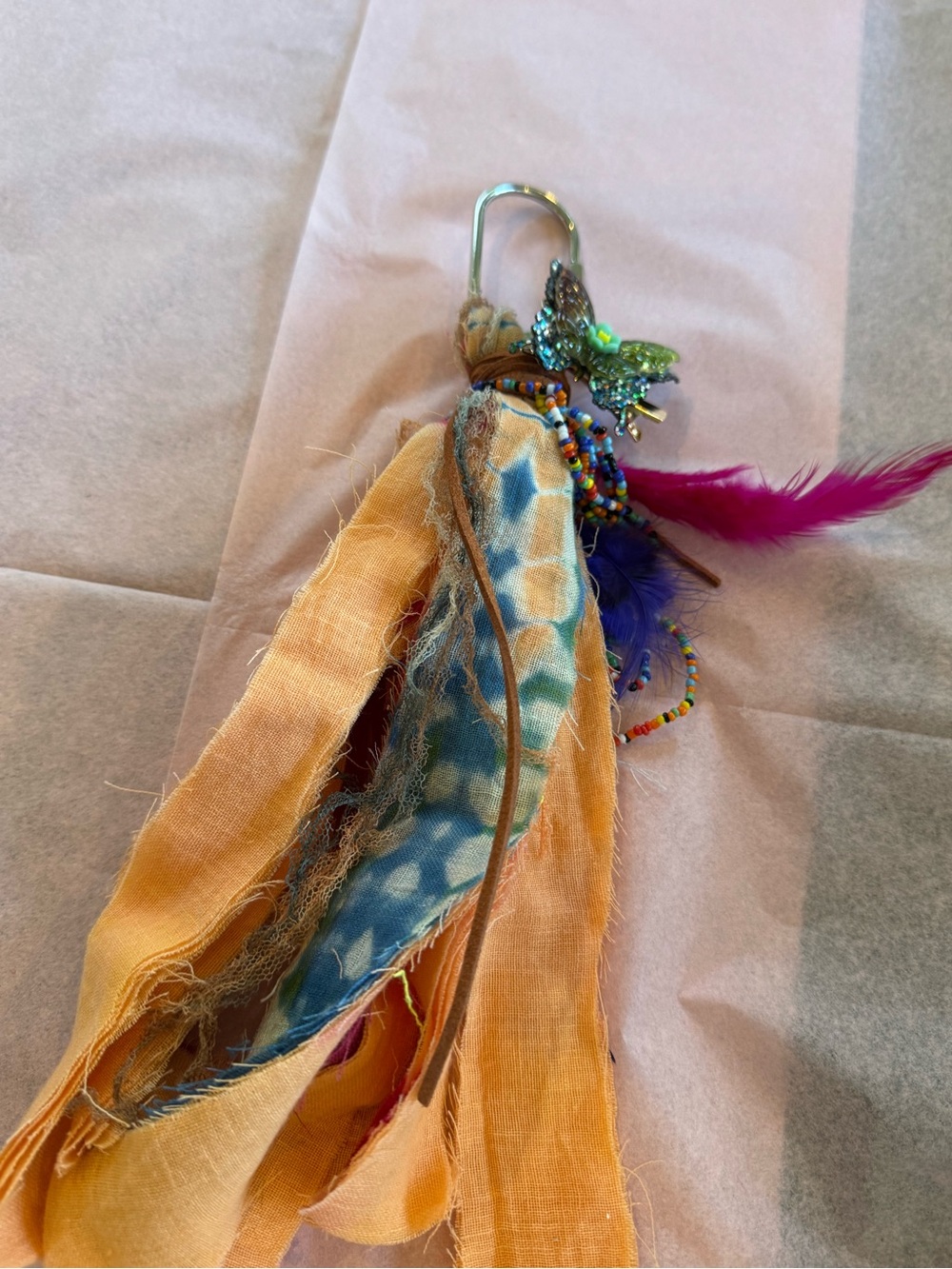 Boho Feather & Fabric Keychain Charm in Orange and Blue